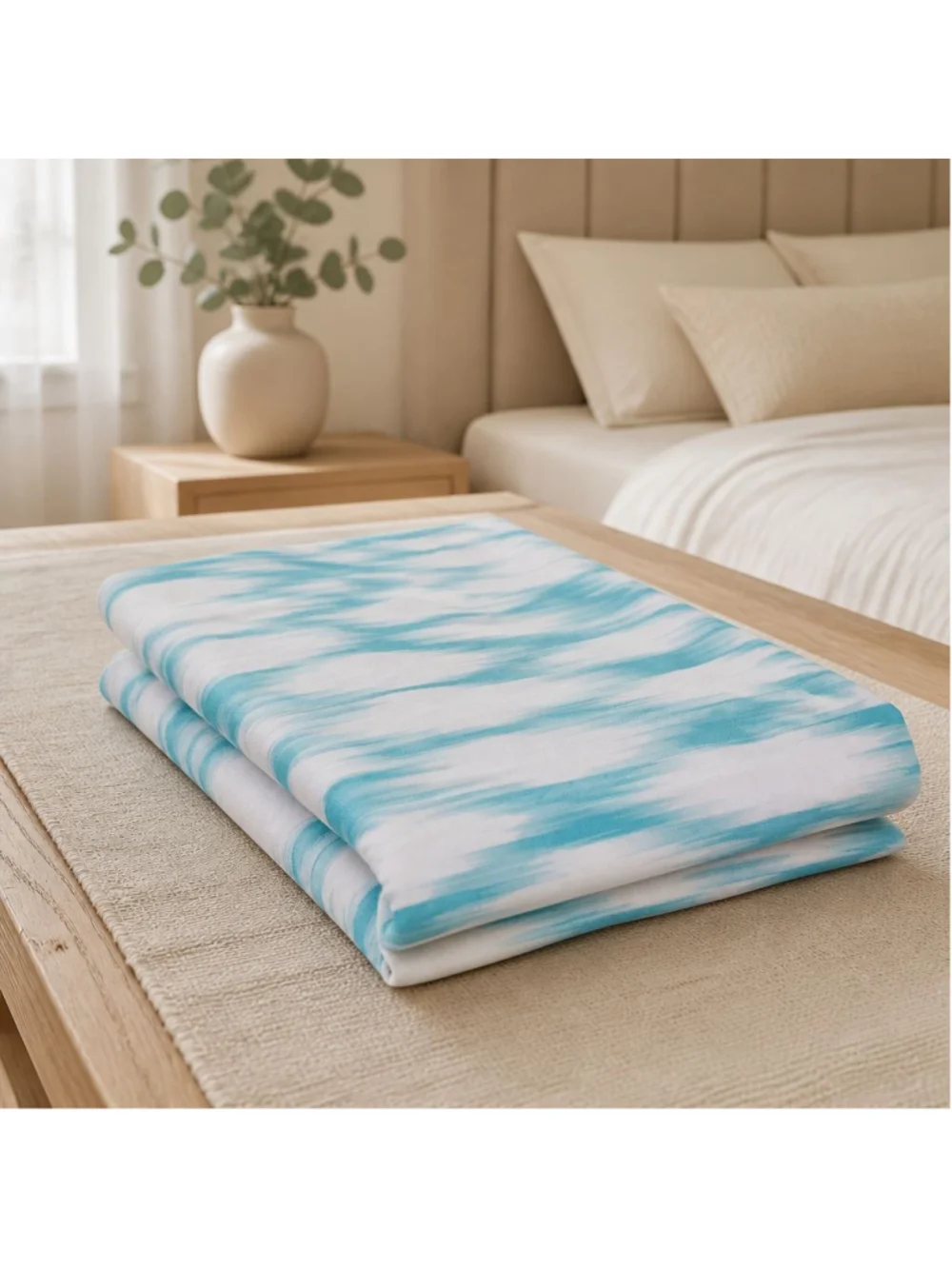 White Aqua Blue Ikat Abstract Pattern Watercolor Fabric Shower Curtain Coastal